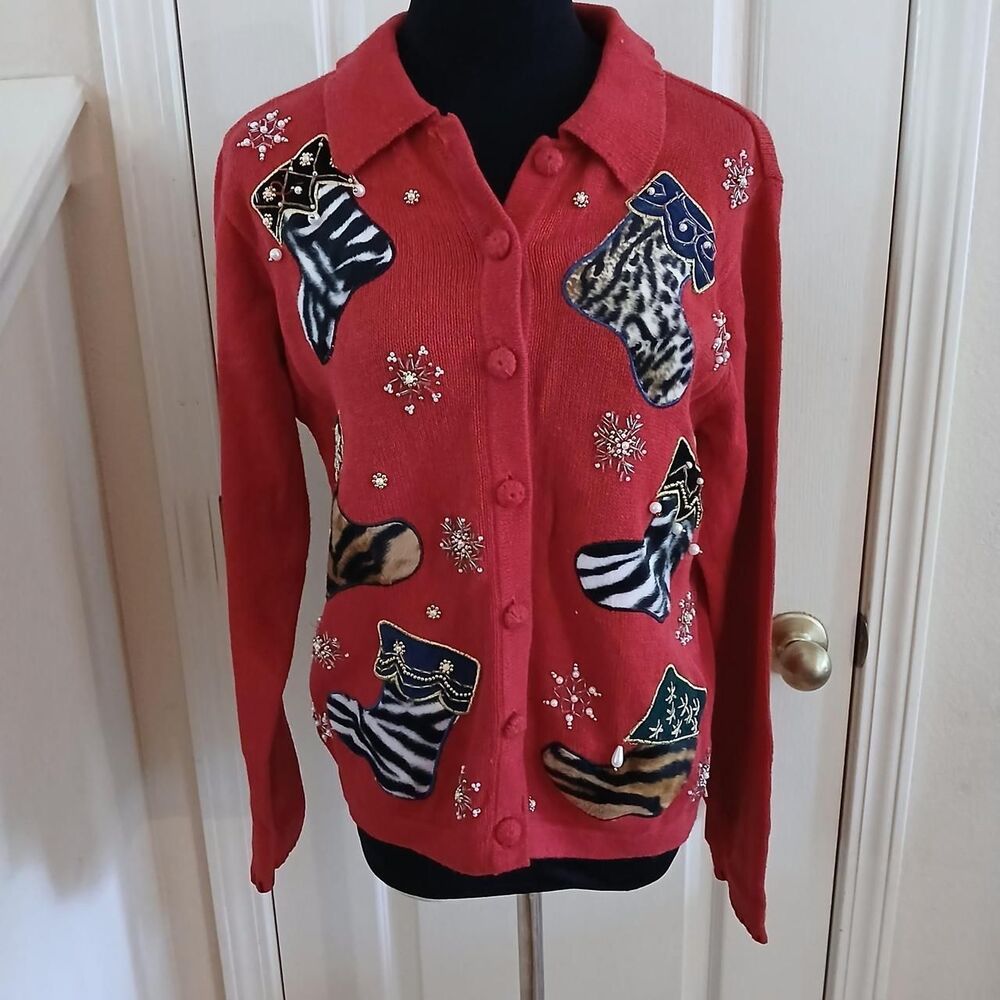 Vintage 90s Nutcracker Animal Print Stockings Christmas Cardigan S Festive